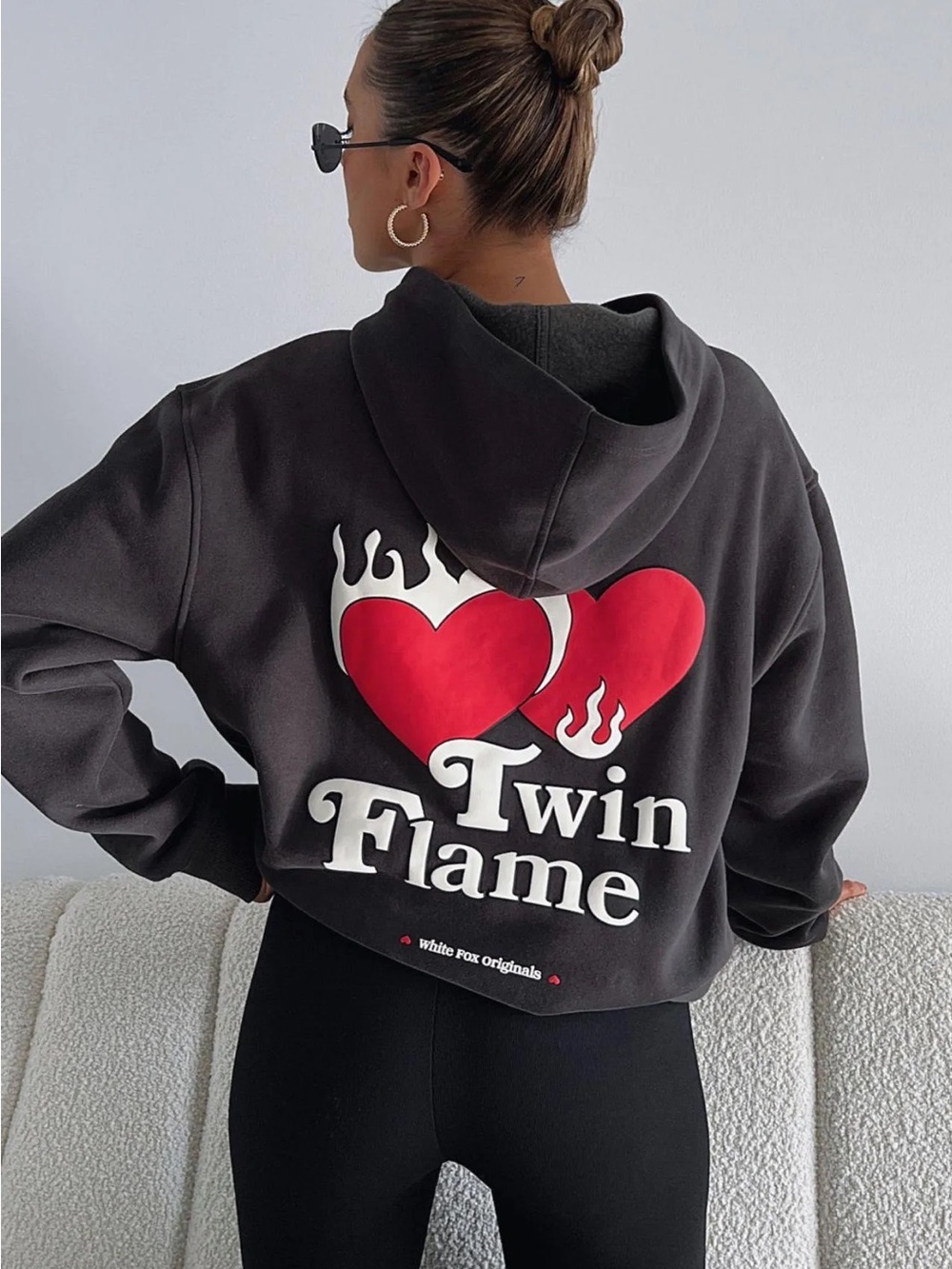 White Fox Twin Flame Graphic Hoodie - Black with Red Hearts